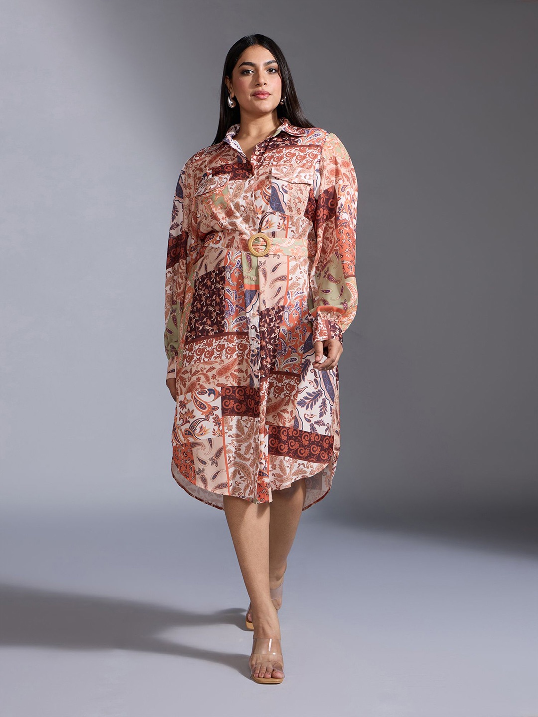 

20Dresses Women Plus Size Paisley Printed Bishop Sleeve Shirt Style Midi Dress, Beige