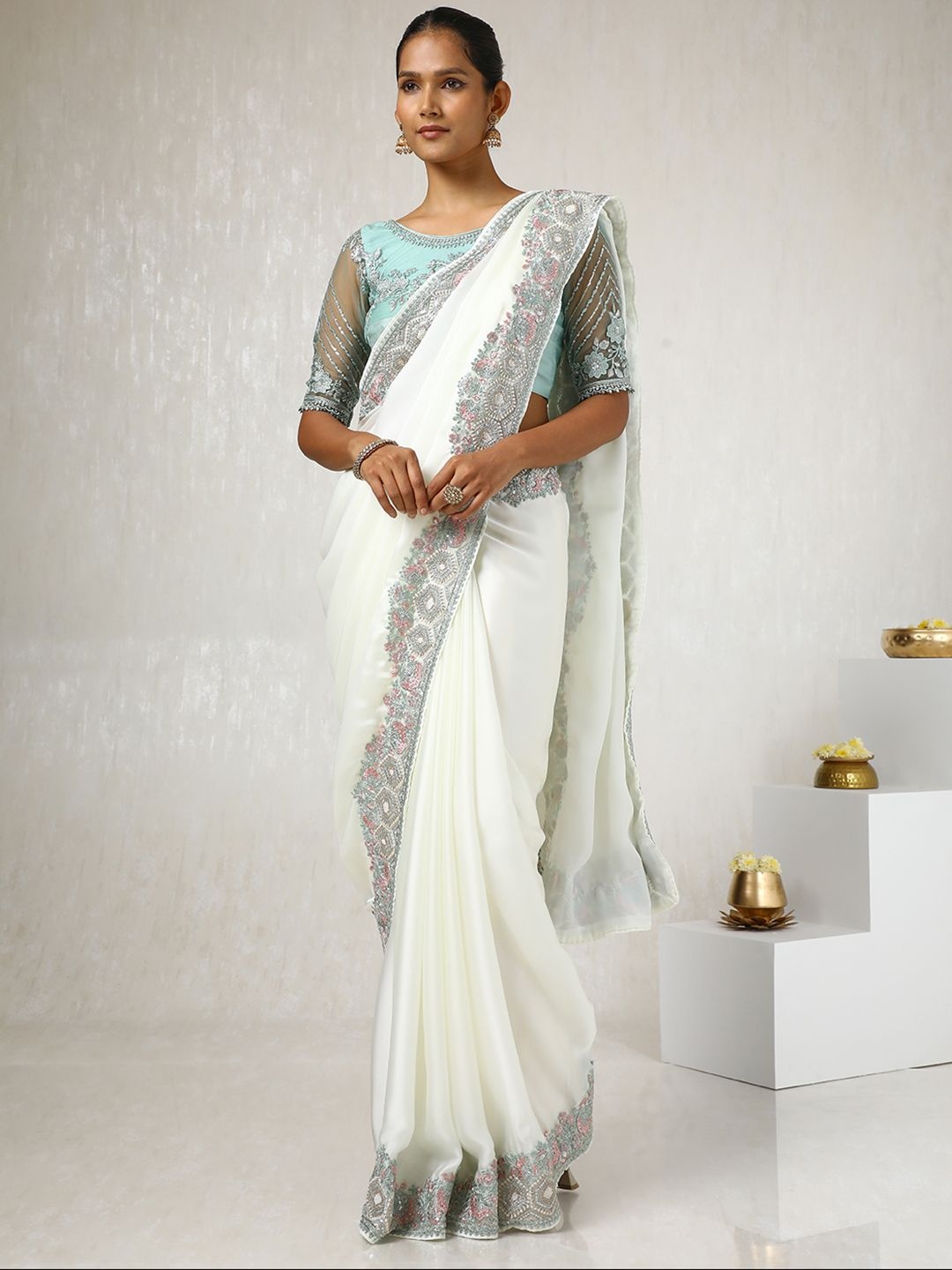 

Soch Women Sequinned Pure Crepe Saree, Cream