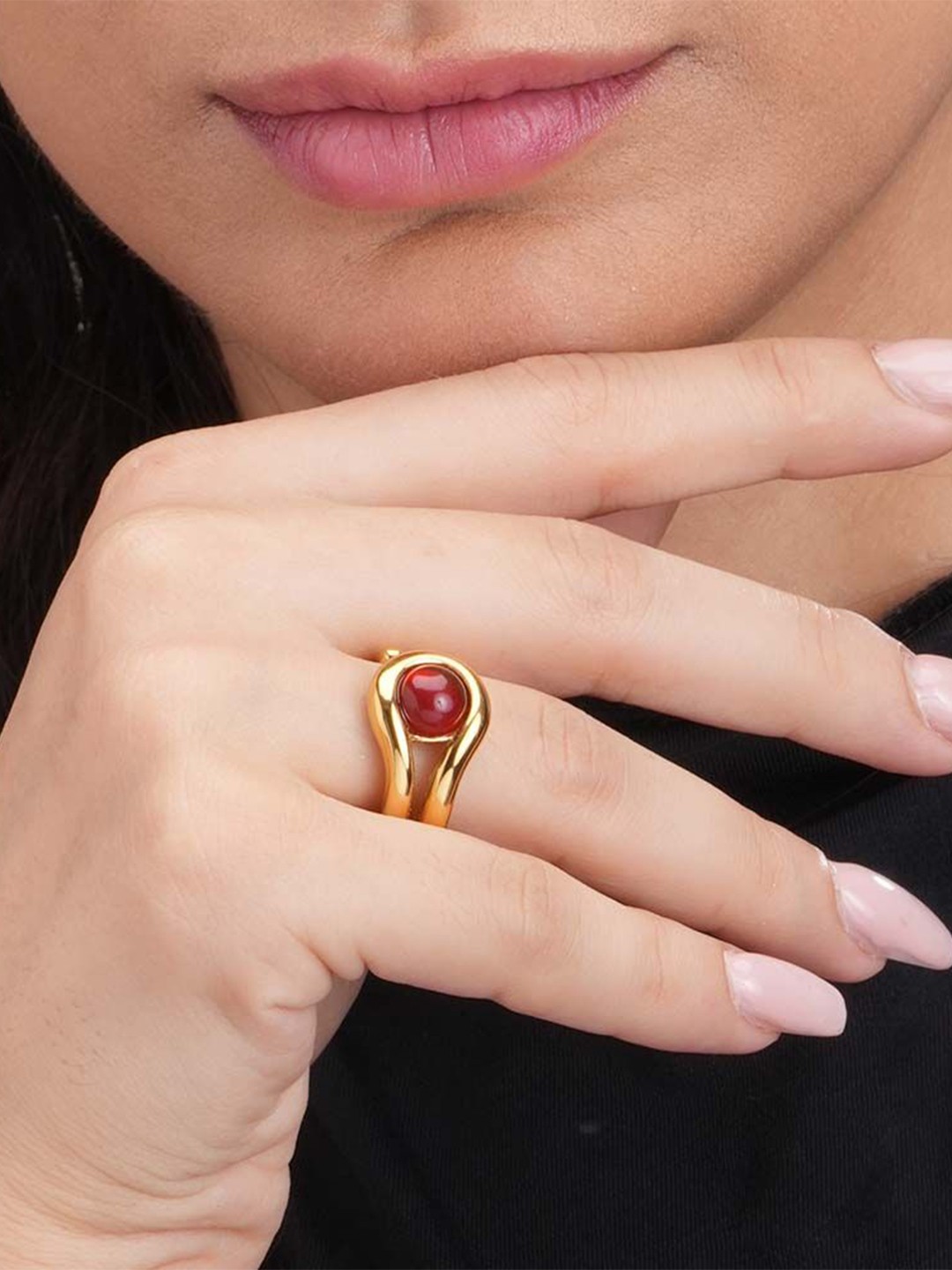 

PALMONAS Sleek Statement Stainless Steel Gold-Plated Stone Studded Finger Ring