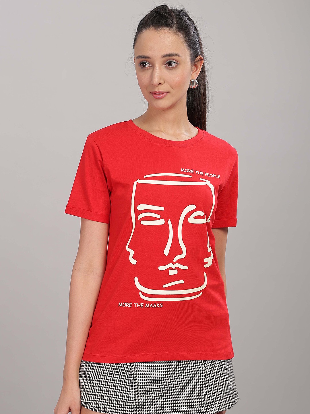 

HEYLAY Women Printed Drop-Shoulder Sleeves Pure Cotton Raw Edge T-shirt, Red