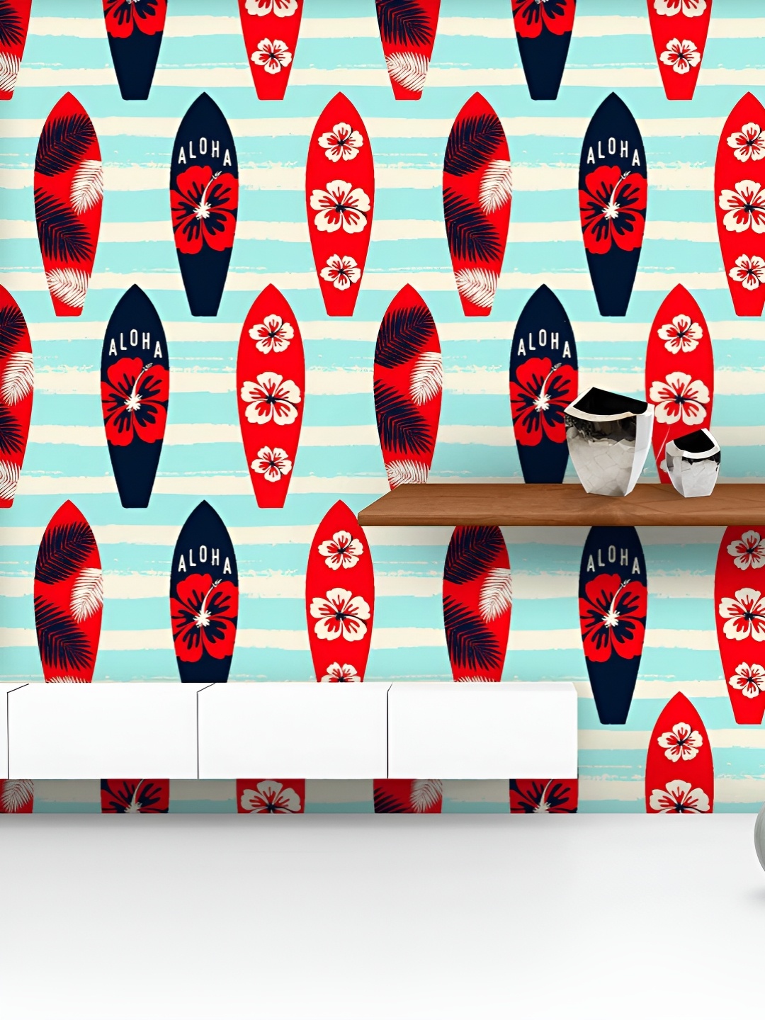 

ArtzFolio Printed UV-Resistant Anti-Bacterial Surf Boats On Striped Brush Strokes Peel & Stick Wallpaper, Multi