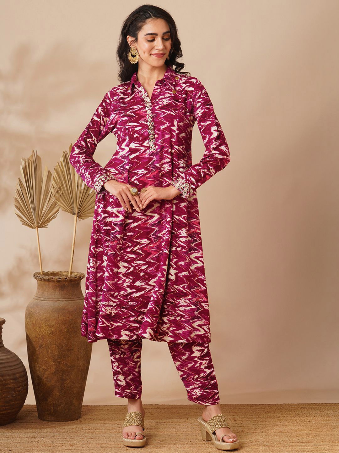 

FASHOR Printed A-Line Tunic & Trouser, Maroon