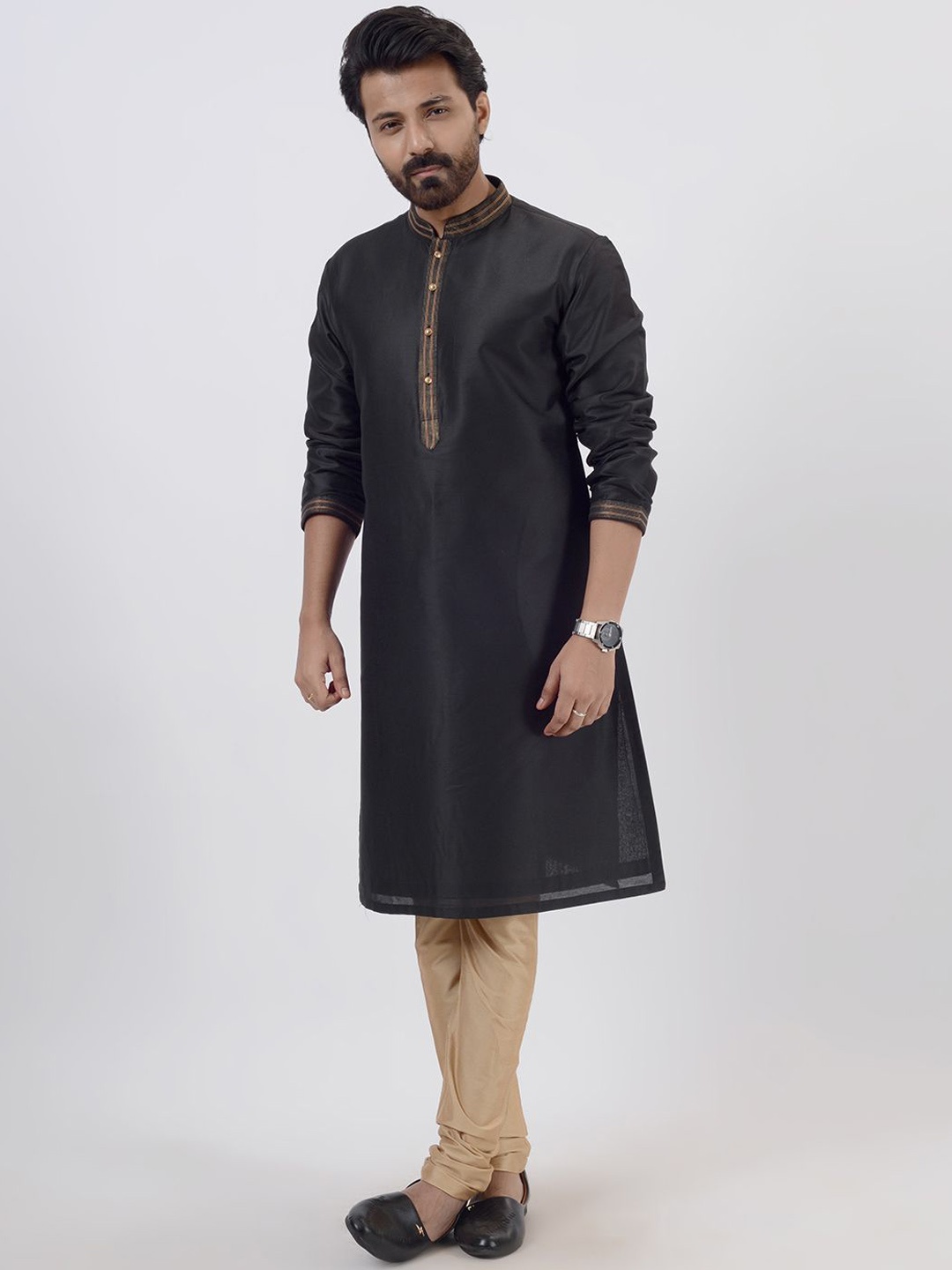 

azania Mandarin Collar Straight Kurta with Pyjama, Black