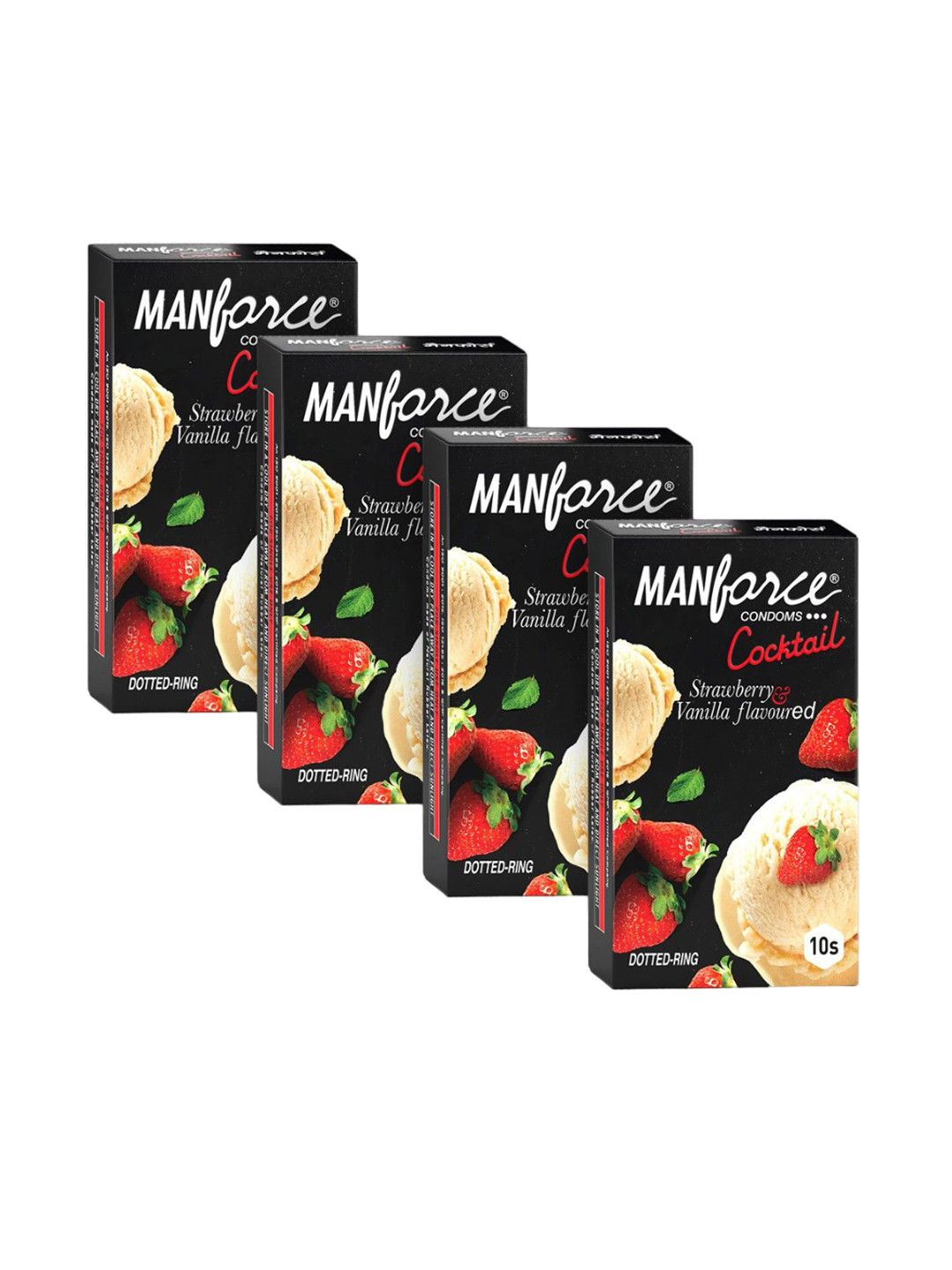 

Manforce Set Of 4 Cocktail Dotted Strawberry & Vanilla Flavored Condoms - 10 Pcs Each, Black