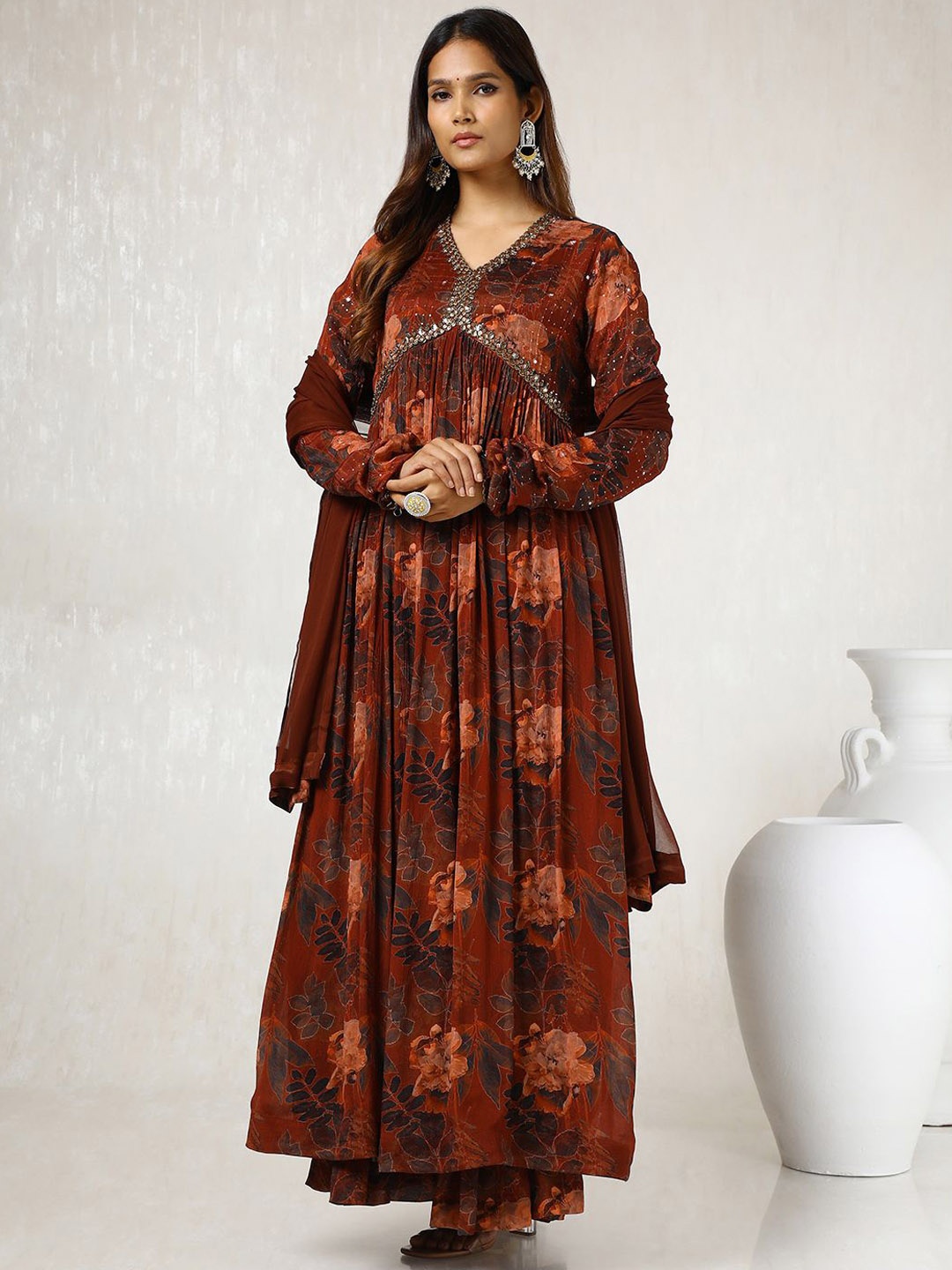 

Soch Floral Printed Mirror Work Anarkali Kurta with Sharara & With Dupatta, Brown