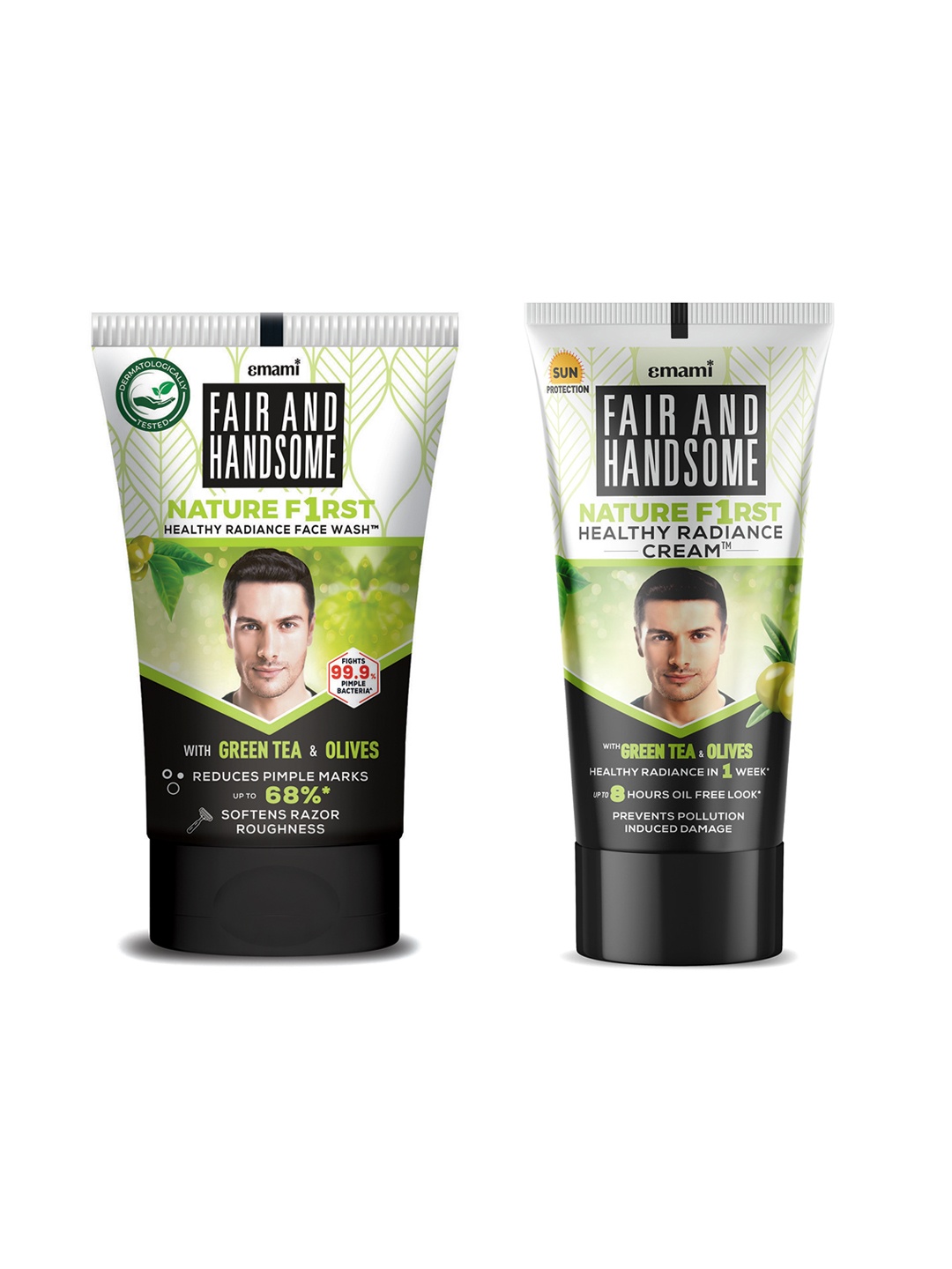

FAIR AND HANDSOME Men Nature First Healthy Radiance Face Wash 100g & Face Cream 60g, Green