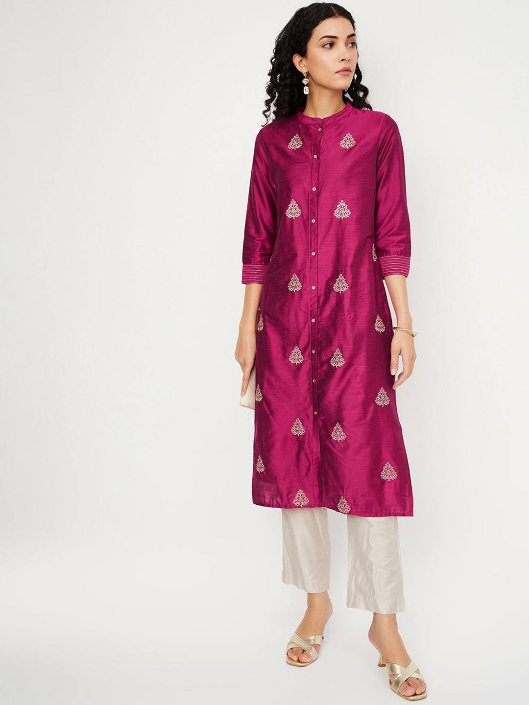 

max Floral Embroidered Band Collar Anarkali Kurta, Pink