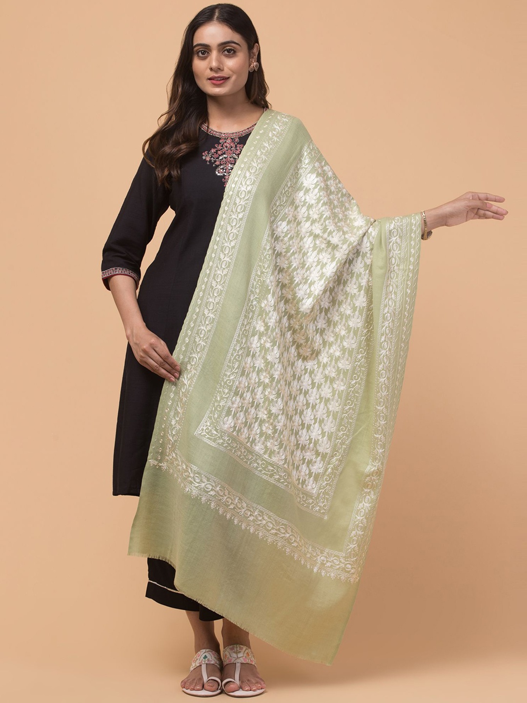 

Tweedle Floral Embroidered Woollen Shawl, Green