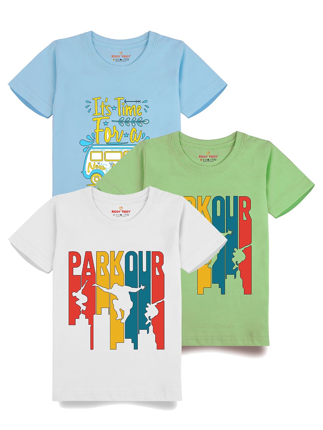 

Kiddy Viddy Boys Pack Of 3 Typography Printed Round Neck Cotton T-shirts, White