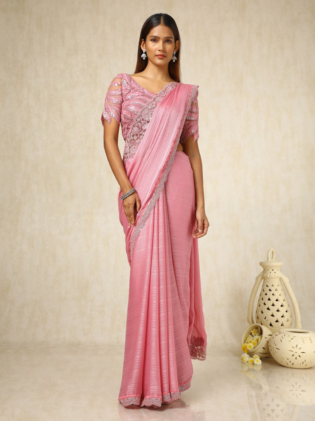 

Soch Striped Sequinned Pure Chiffon Saree, Pink