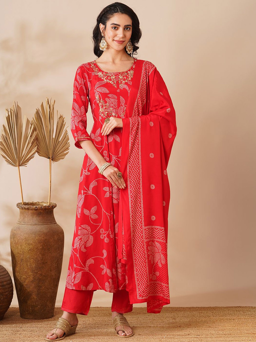 

FASHOR Red Round Neck Bandhani Printed A-Line Kurta with Trouser & Dupatta