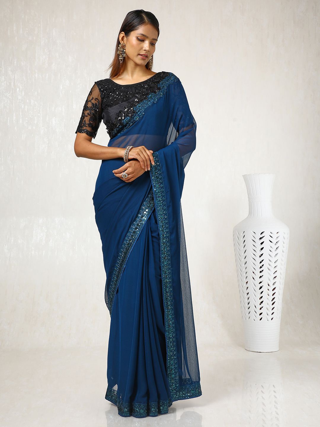 

Soch Embellished Sequinned Pure Chiffon Saree, Teal