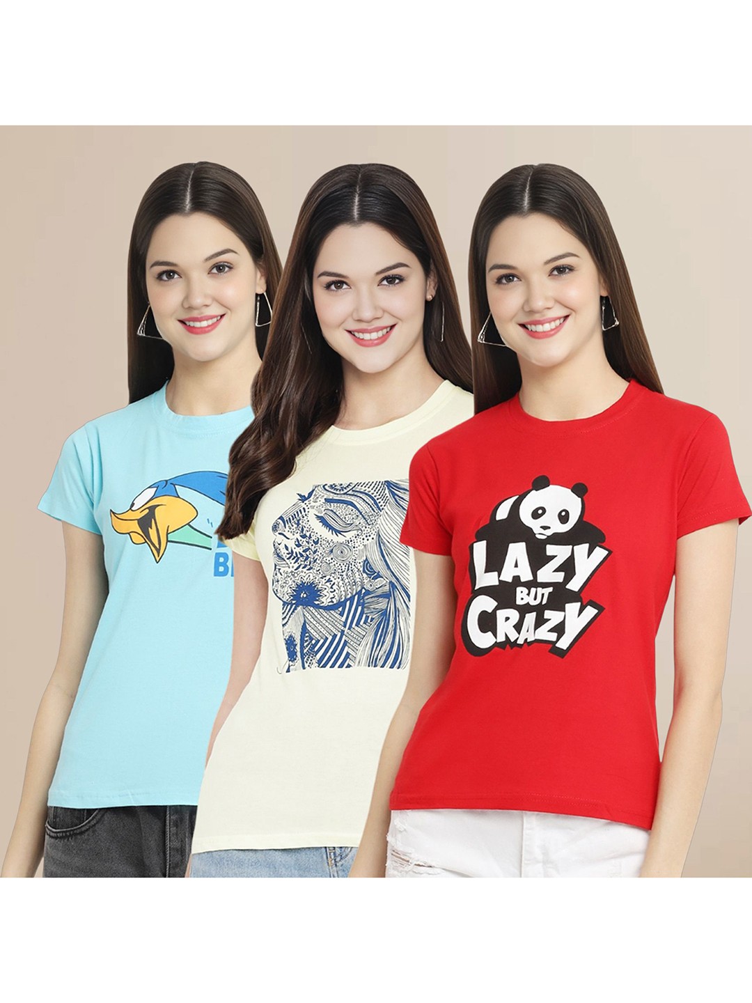 

Metronaut Women Pack Of 3 Graphic Printed Round Neck Cotton Looney Tunes T-shirts, Blue