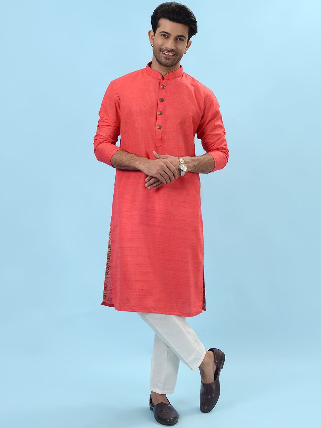 

azania Woven Design Mandarin Collar Straight Kurta, Pink