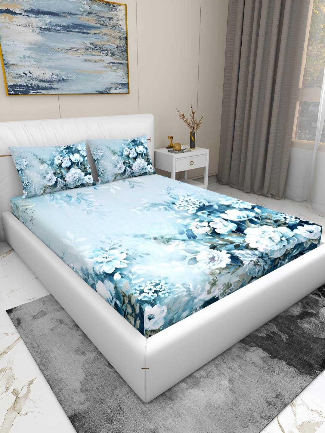 

GAPU & BALY Blue & White Floral 180 TC King Bedsheet with 2 Pillow Covers 2.50 m x 2.75 m