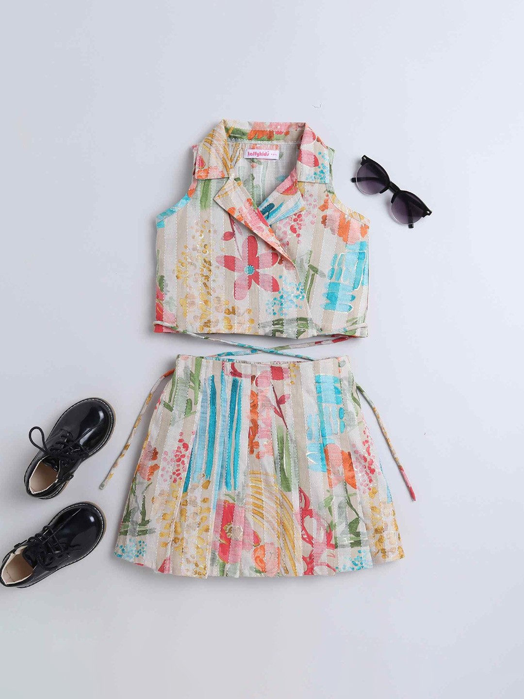 

taffykids Girls Printed Shirt Collar Crop Coat with Skirt, Pink