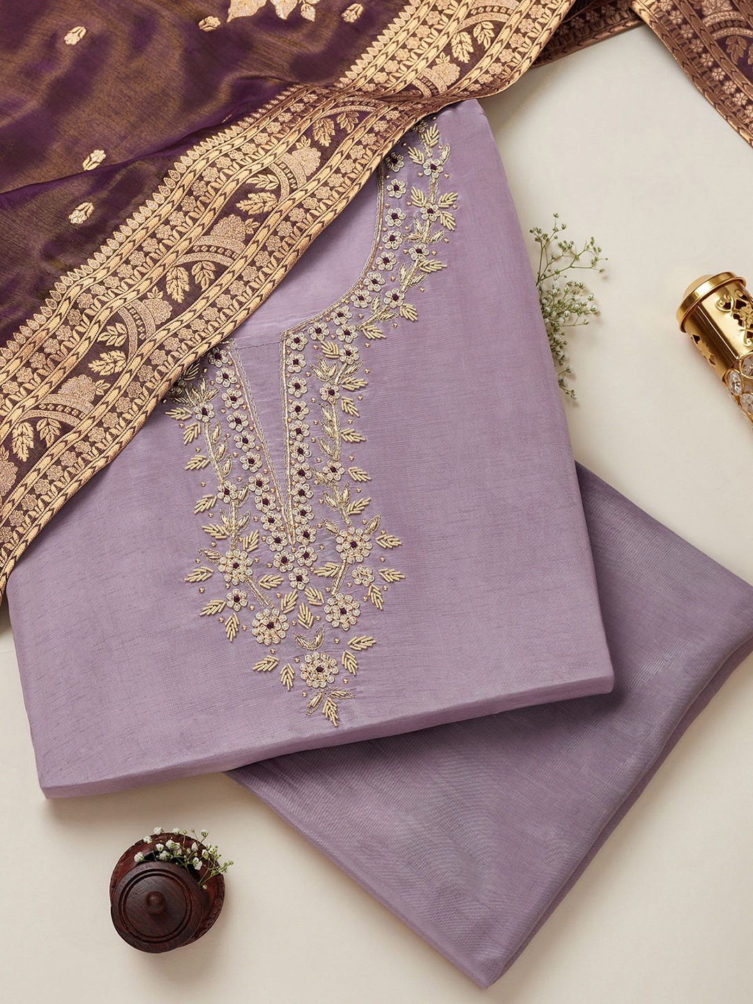 

Soch Floral Embroidered Beads & Stones Unstitched Dress Material, Lavender