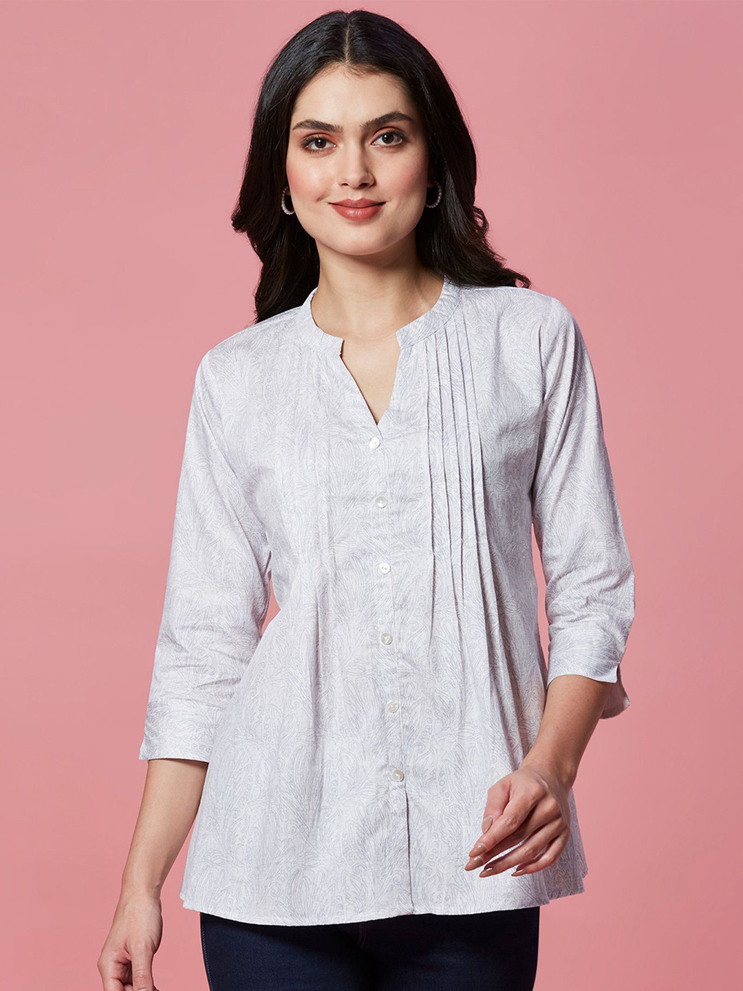 

Peachmode Women Pure Cotton Printed Shirt Style Top, White