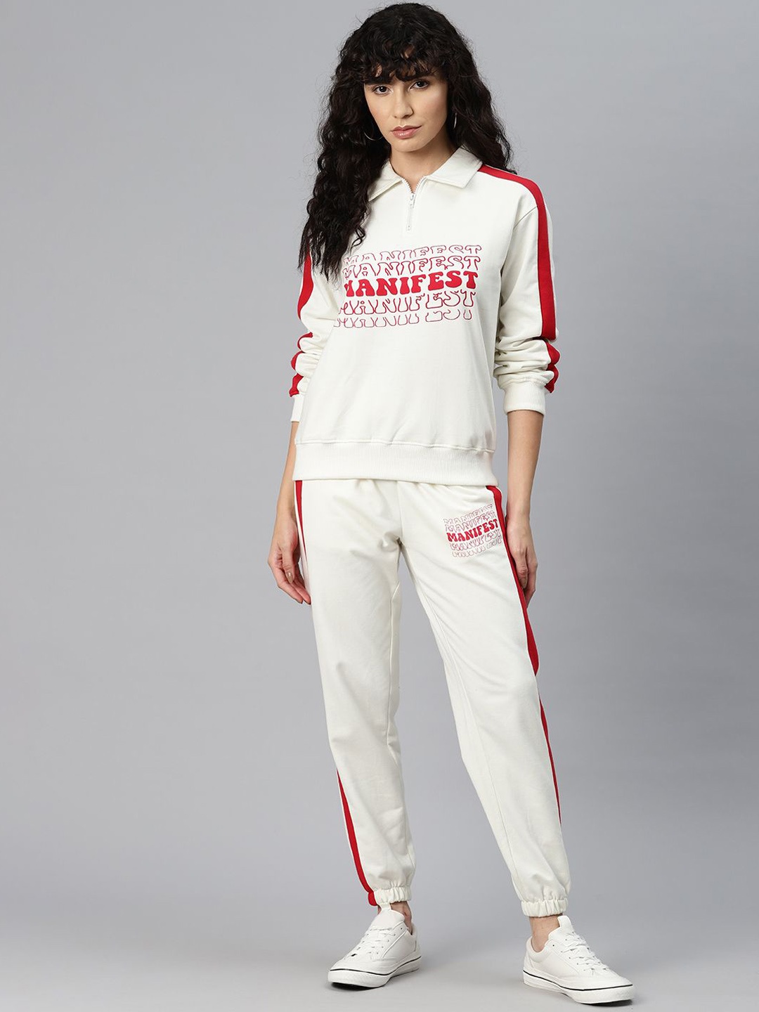 

Laabha Women Printed Polo Collar Long Sleeves Mid-Rise Tracksuit, White