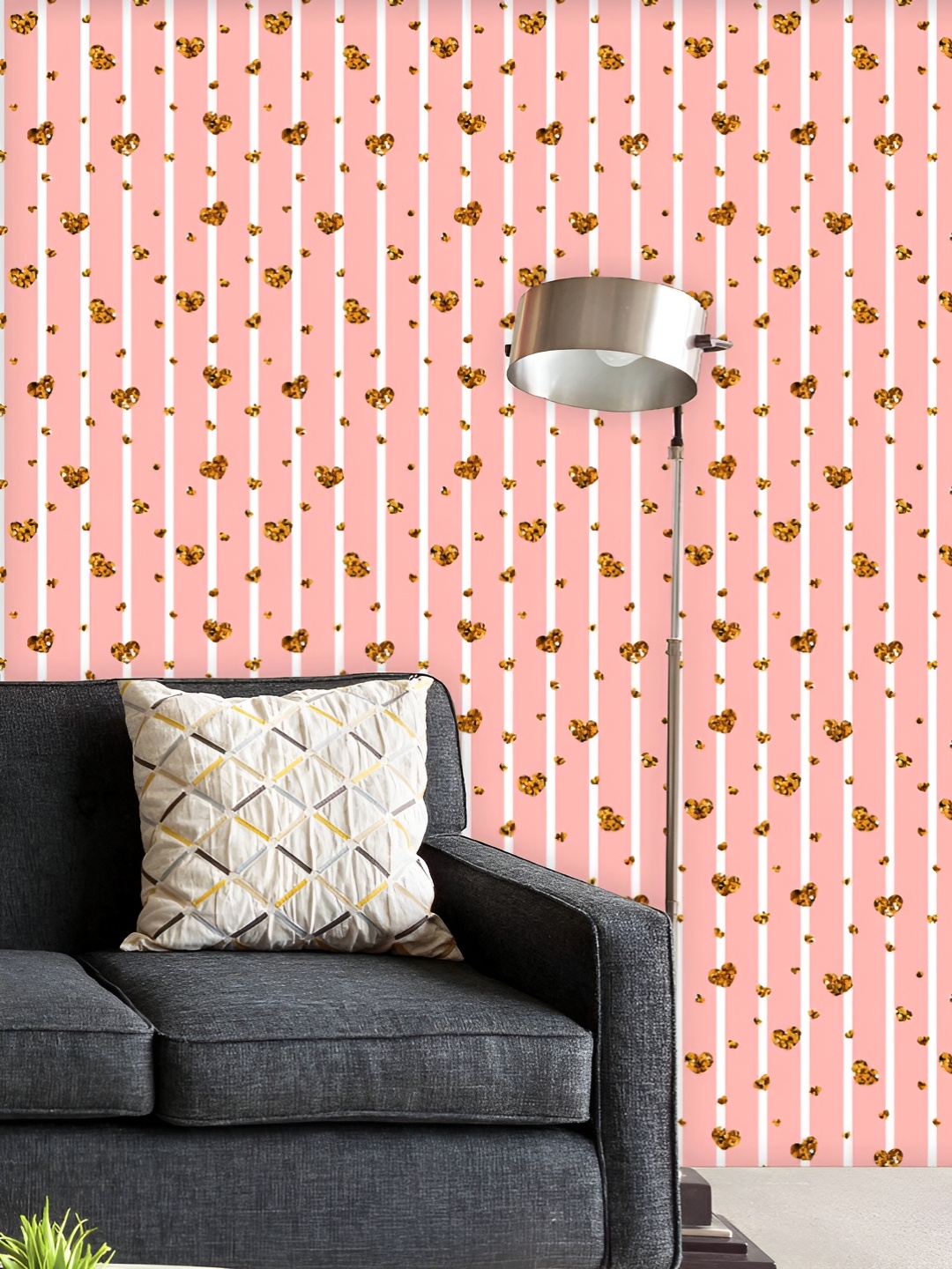 

ArtzFolio Printed UV-Resistant Anti-Bacterial Gold Heart & White Stripes Peel & Stick Wallpaper, Multi