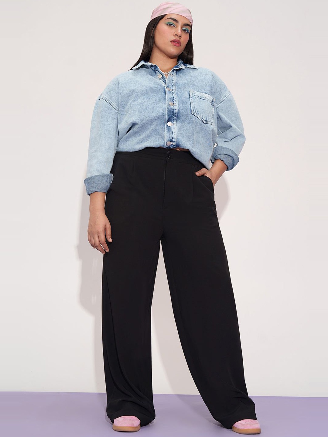 

Freakins Women Relaxed Straight Leg Loose Fit High-Rise Korean Pant, Black