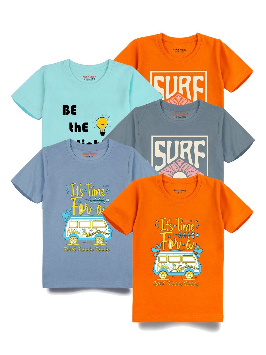 

Kiddy Viddy Boys Pack Of 5 Typography Printed Round Neck Cotton T-shirts, Blue
