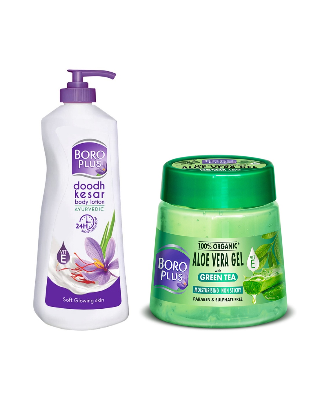 

BOROPLUS Set of Aloe Vera Gel 200 ml & Doodh Kesar Body Lotion 400 ml, White