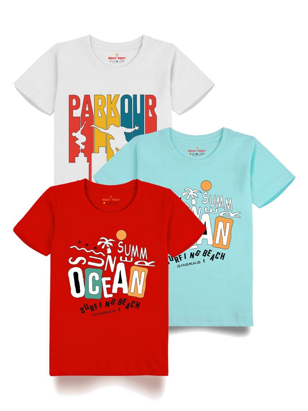 

Kiddy Viddy Boys Pack Of 3 Typography Printed Round Neck Cotton T-shirts, Sea green