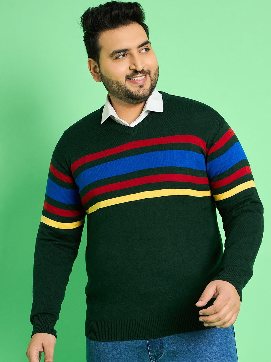 

bigbanana Men Plus Size Striped Pullover Sweater, Green