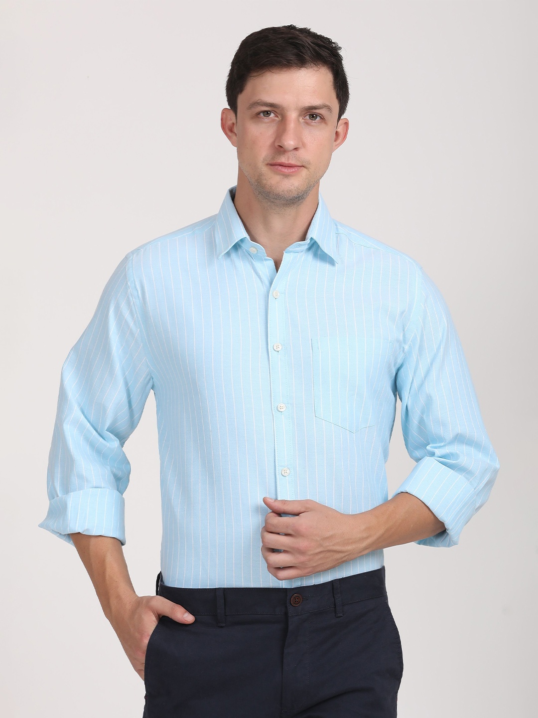 

Copperline Men Comfort Spread Collar Vertical Striped Cotton Formal Shirt, Blue