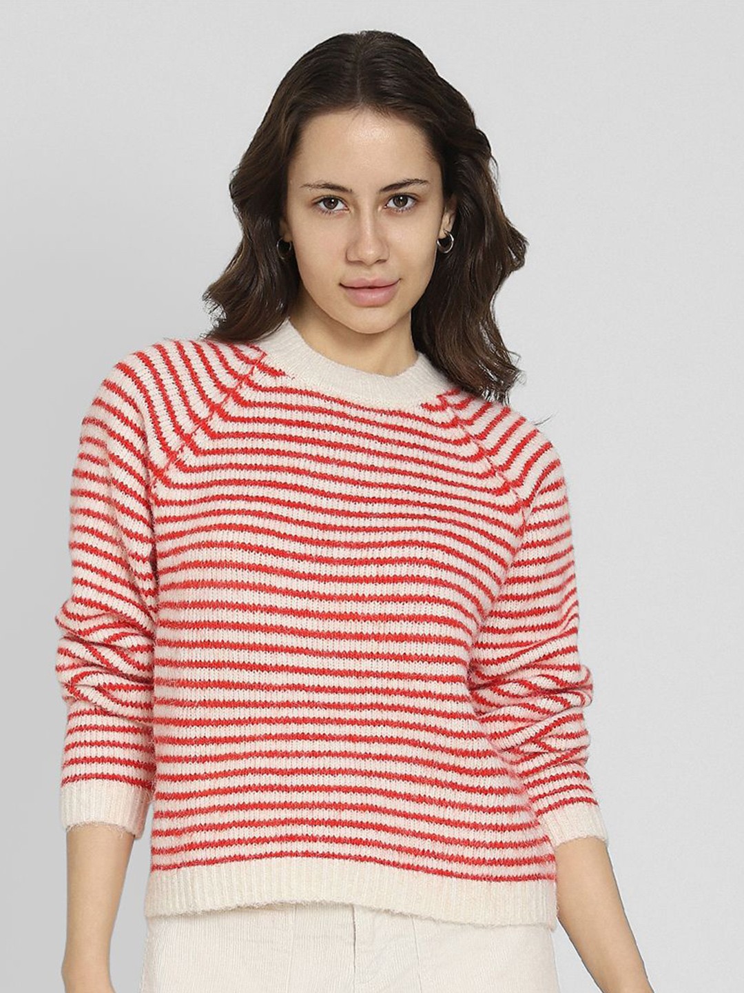 

AMERICAN EAGLE OUTFITTERS Women Long Sleeves Round Neck Striped Pullover, Red