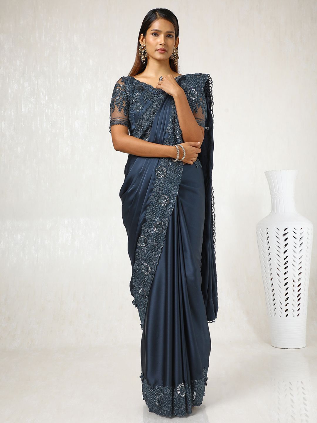 

Soch Embellished Sequinned Pure Crepe Saree, Charcoal