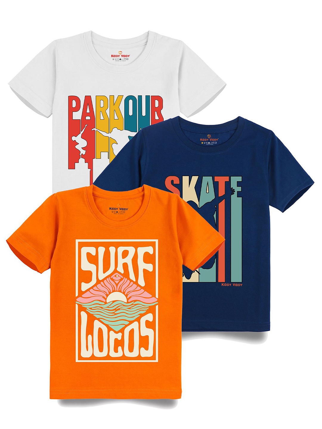 

Kiddy Viddy Boys Pack Of 3 Typography Printed Round Neck Cotton T-shirts, Navy blue