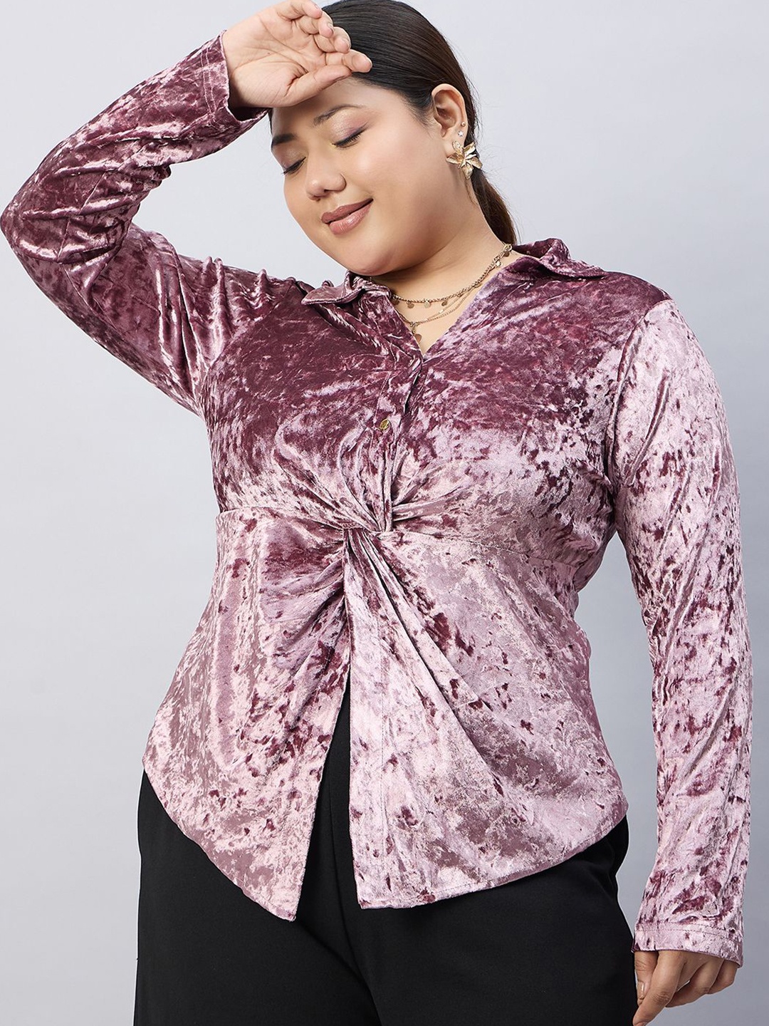 

Orchid Blues Women Shirt Collar Long Sleeves Velvet Top, Pink