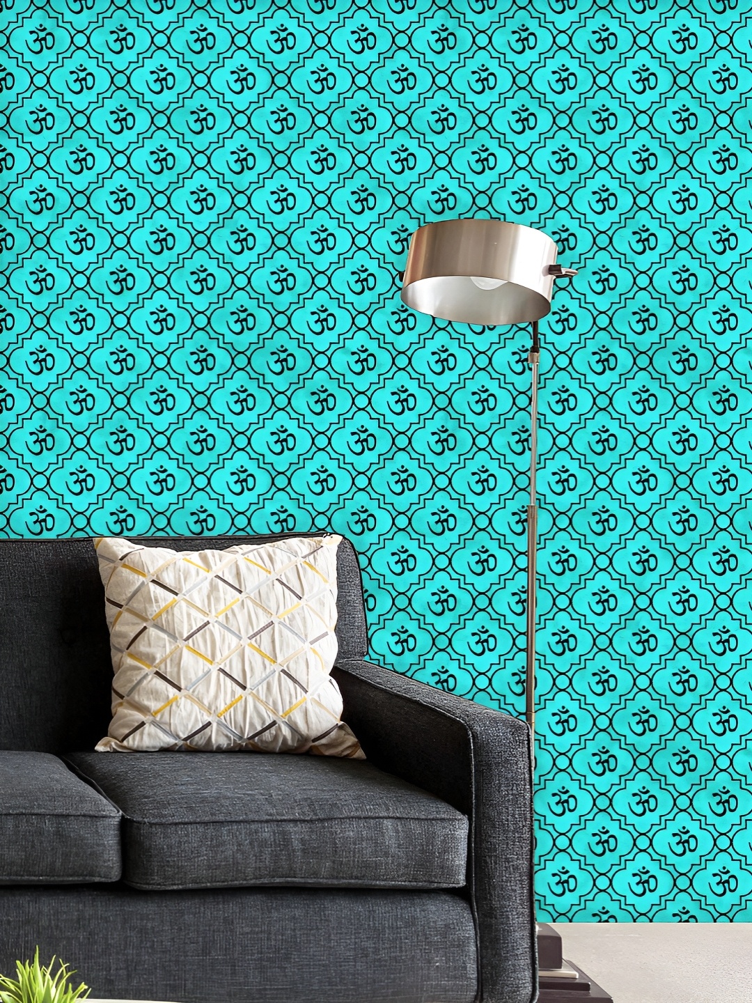 

ArtzFolio Printed UV-Resistant Anti-Bacterial Teal Black Aum Hindu Symbol Peel & Stick Wallpaper, Multi