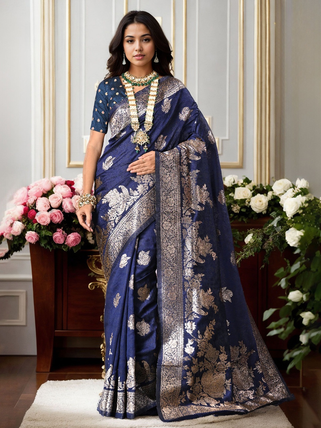 

Anouk Ethnic Motifs Woven Design Designer Banarasi Saree, Navy blue