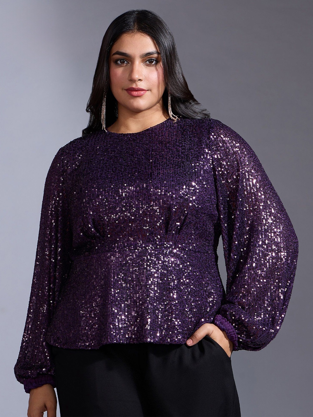 

20Dresses Women Plus Size Embellished Puff Sleeve Peplum Top, Purple