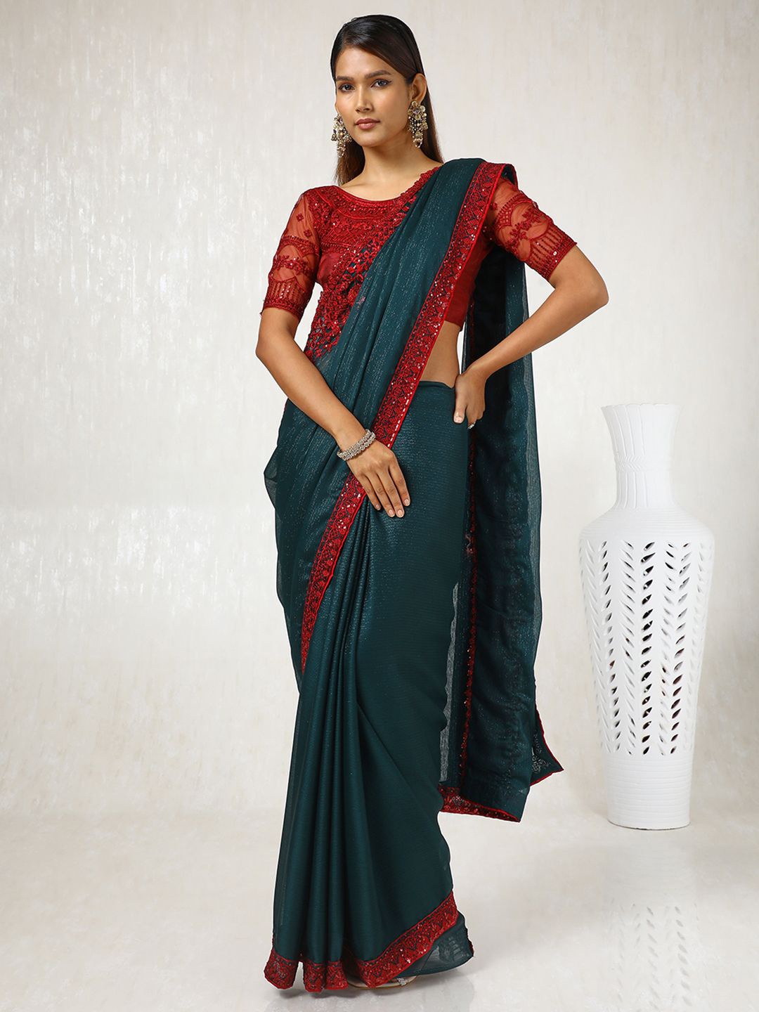 

Soch Embellished Sequinned Pure Chiffon Saree, Green