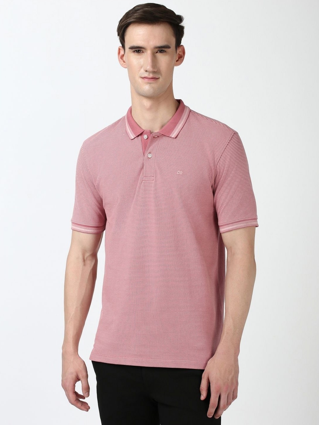 

Peter England Men Striped Polo Collar Applique T-shirt, Pink