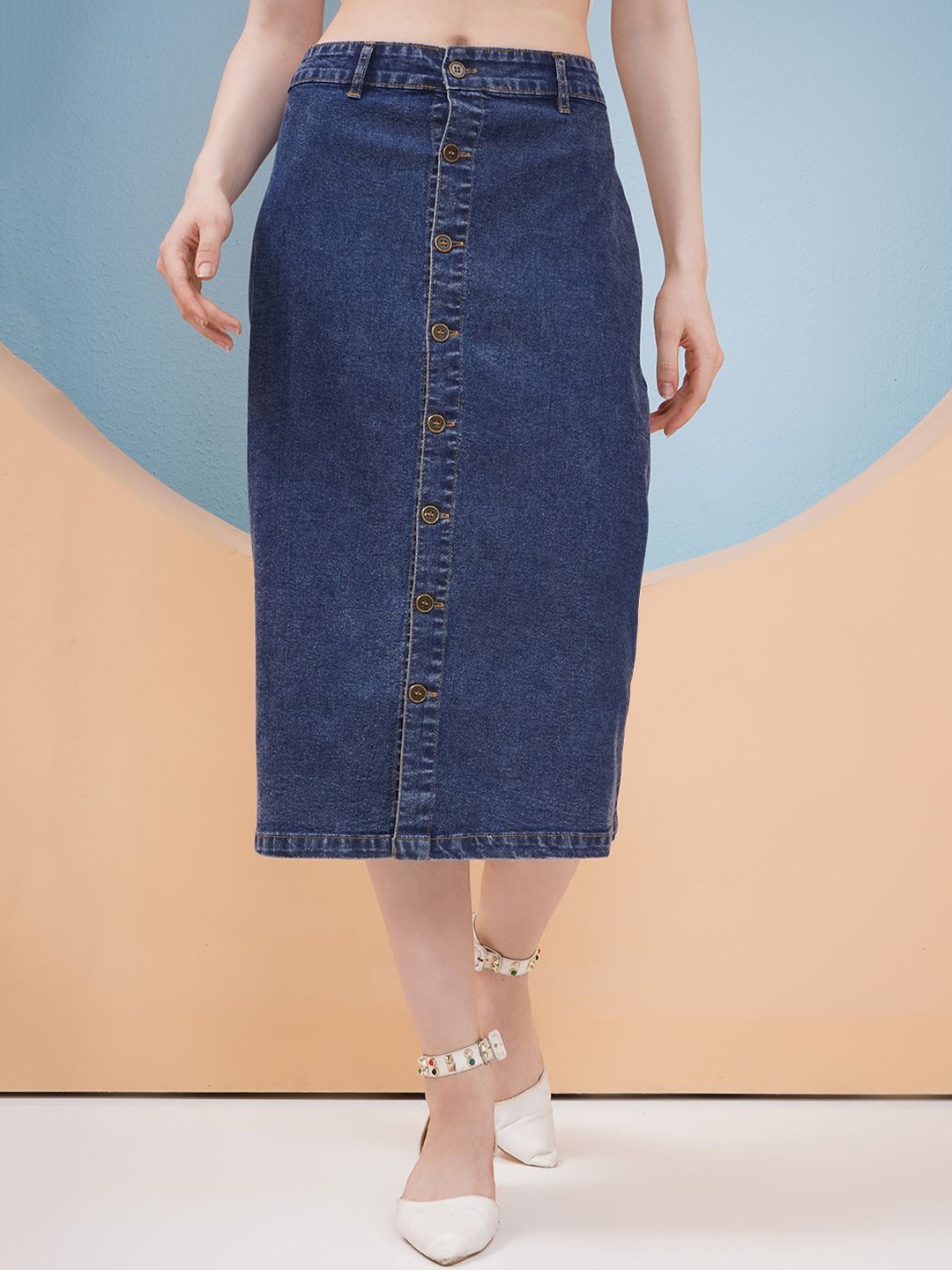 

PUELLA Women Straight Denim Midi Skirts, Navy blue