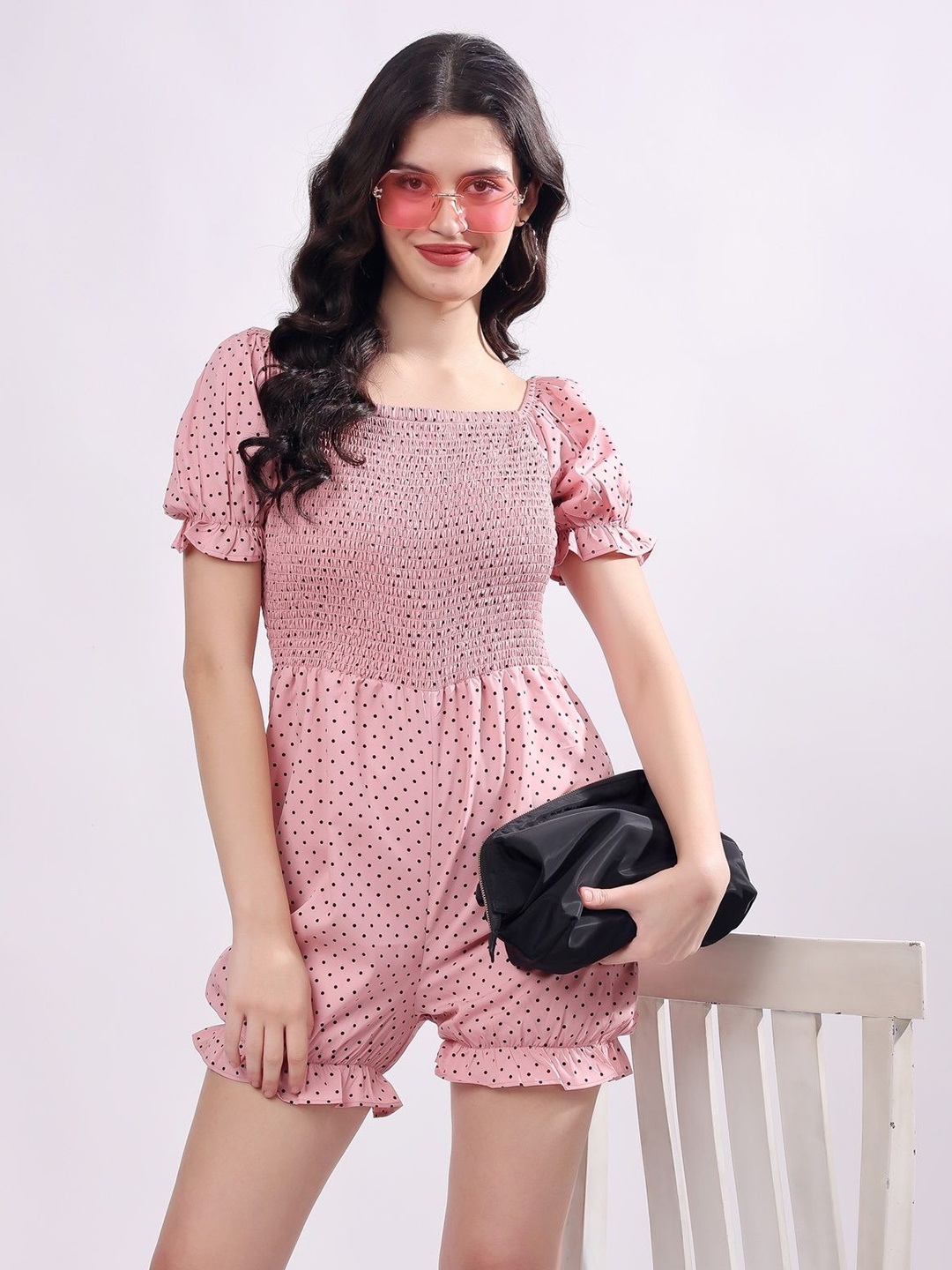 

T TRYON ULTIMATE Women Polka Dot Printed Playsuit with Smoked Details, Pink