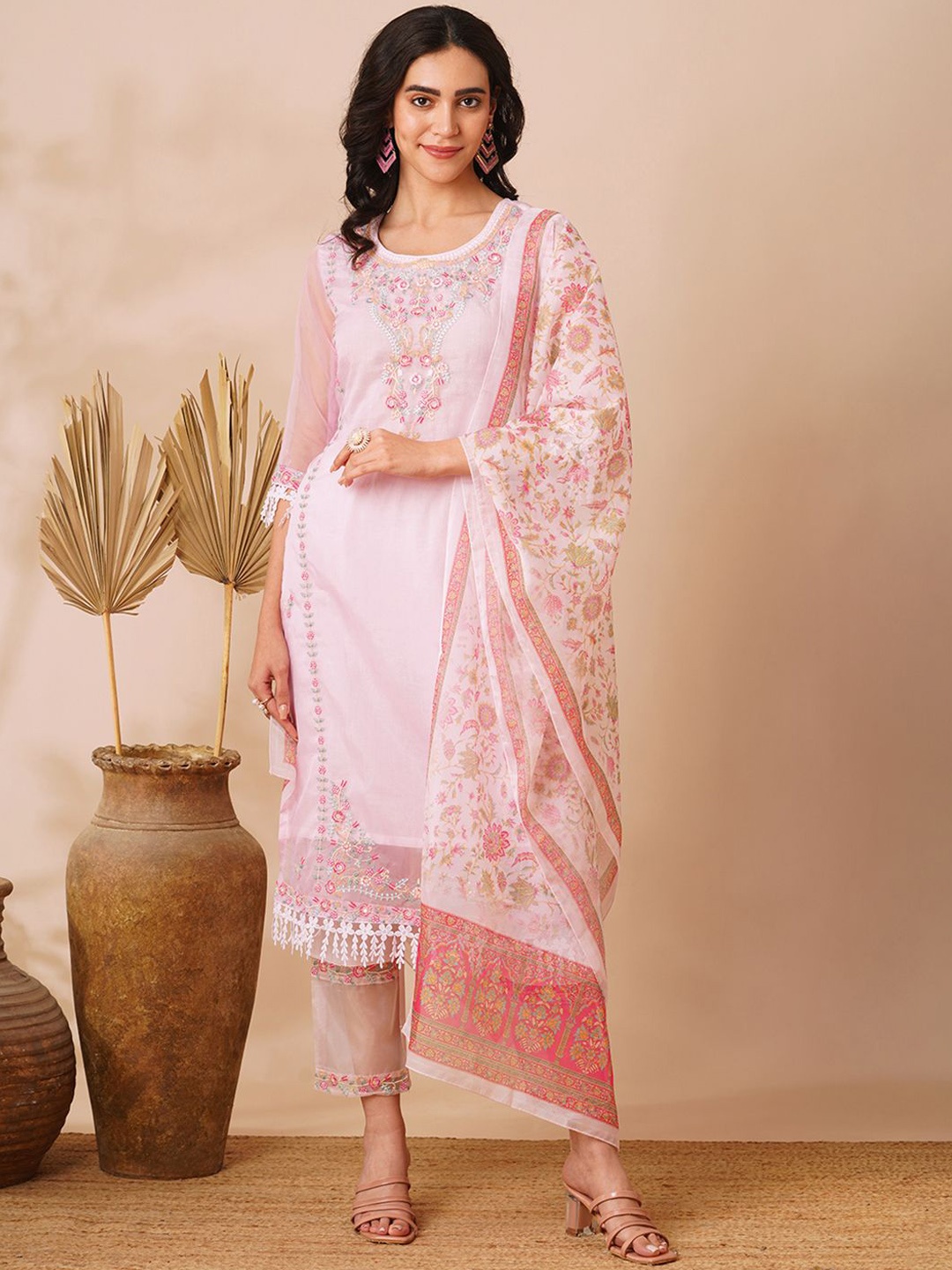 

FASHOR Floral Embroidered Zari Organza Straight Kurta With Palazzo & Dupatta, Pink