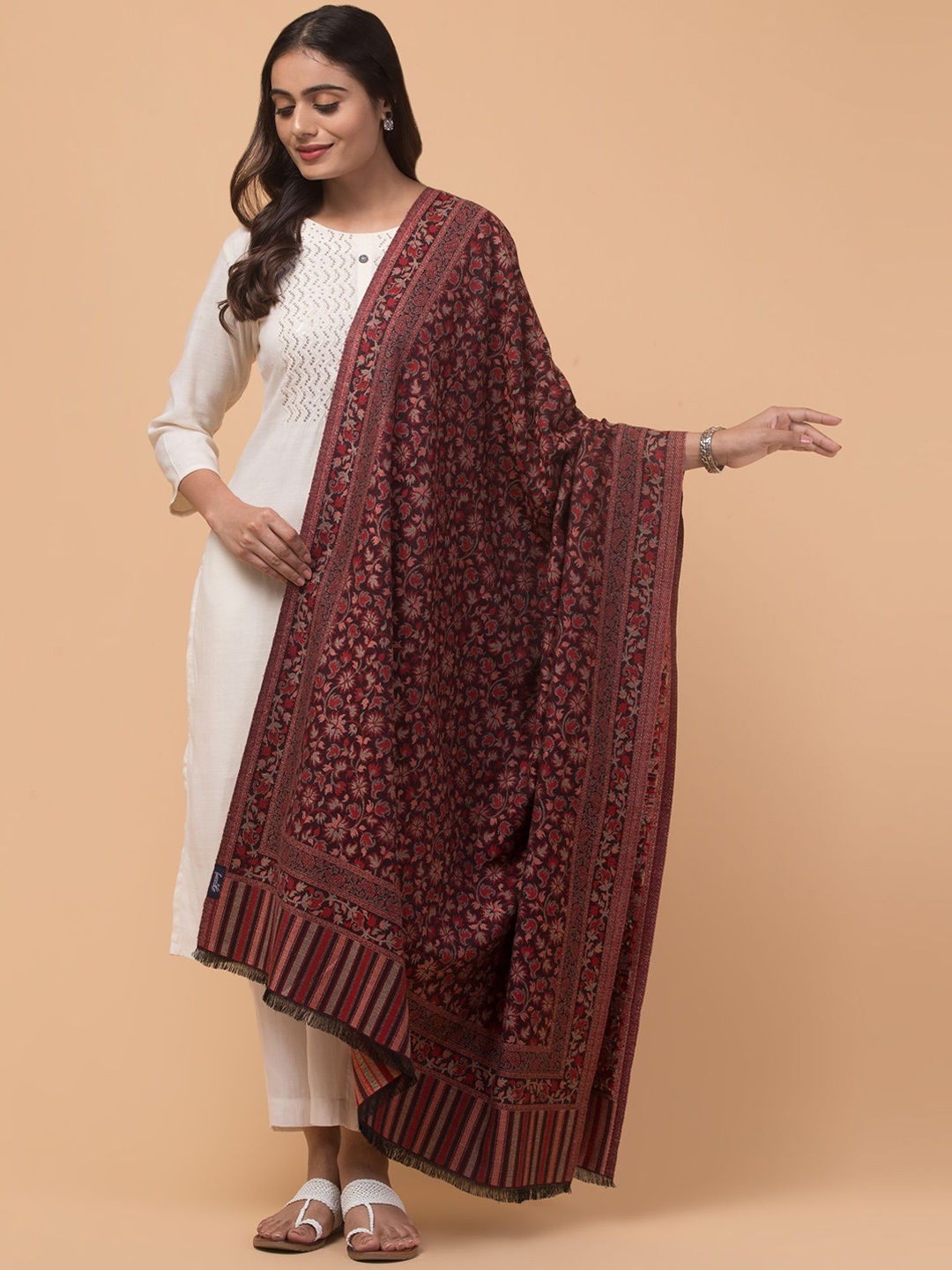 

Tweedle Kashmiri Floral Woven Design Woollen Kani Shawl, Maroon