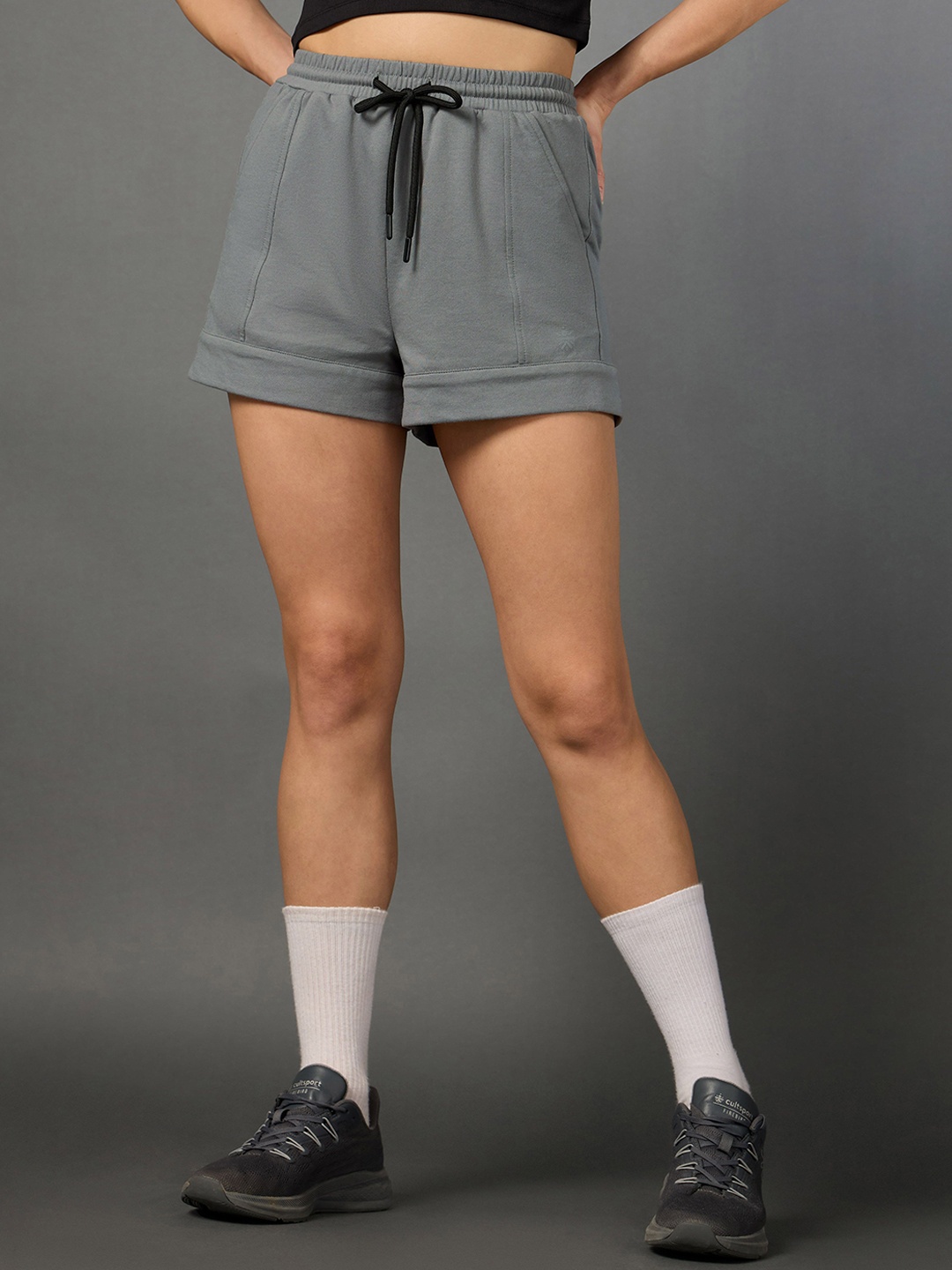

CULT Women Mid-Rise Cotton Sports Shorts, Grey