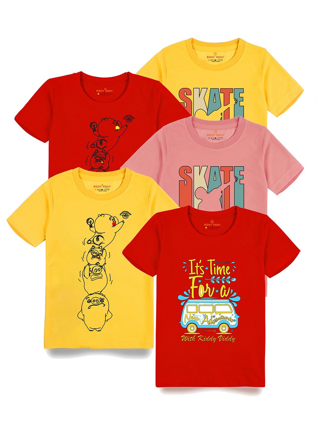 

Kiddy Viddy Boys Pack Of 5 Typography Printed Round Neck Cotton T-shirts, Yellow