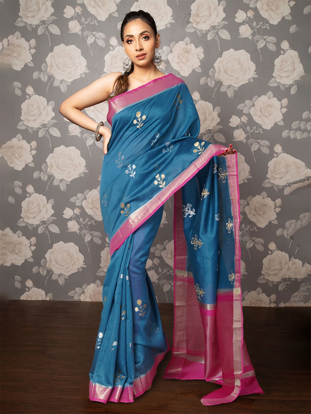 

Unnati Silks Floral Woven Design Zari Handloom Uppada Saree, Blue