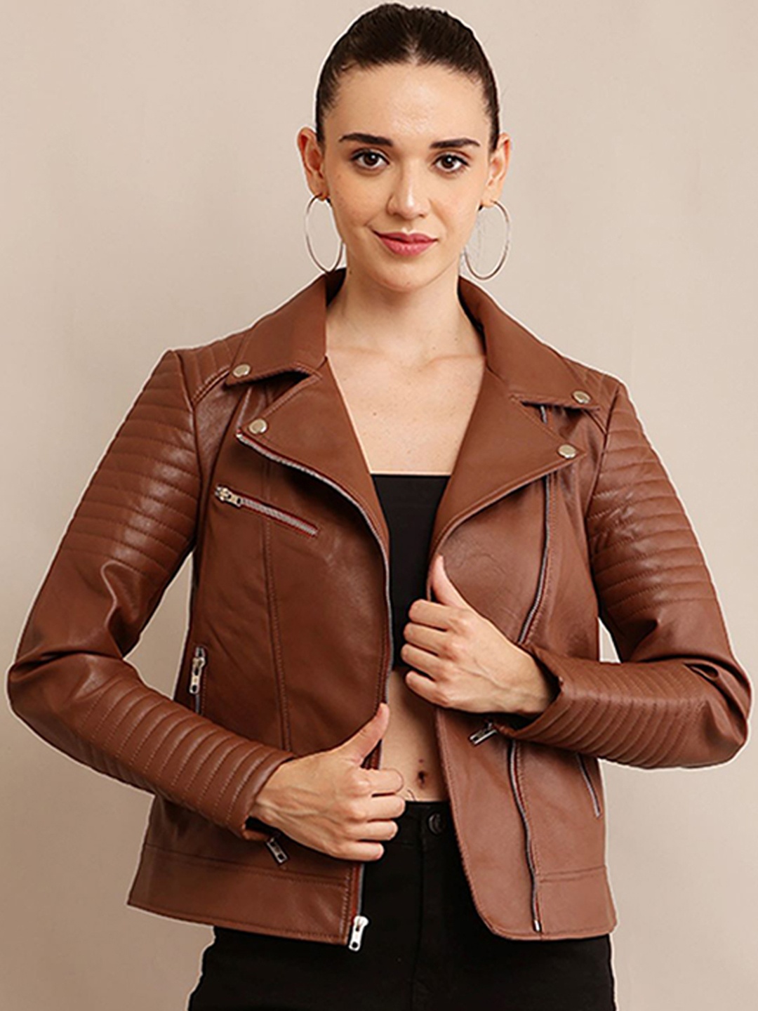 

TBOJ Women Leather Lightweight Crop Outdoor Leather Jacket, Tan