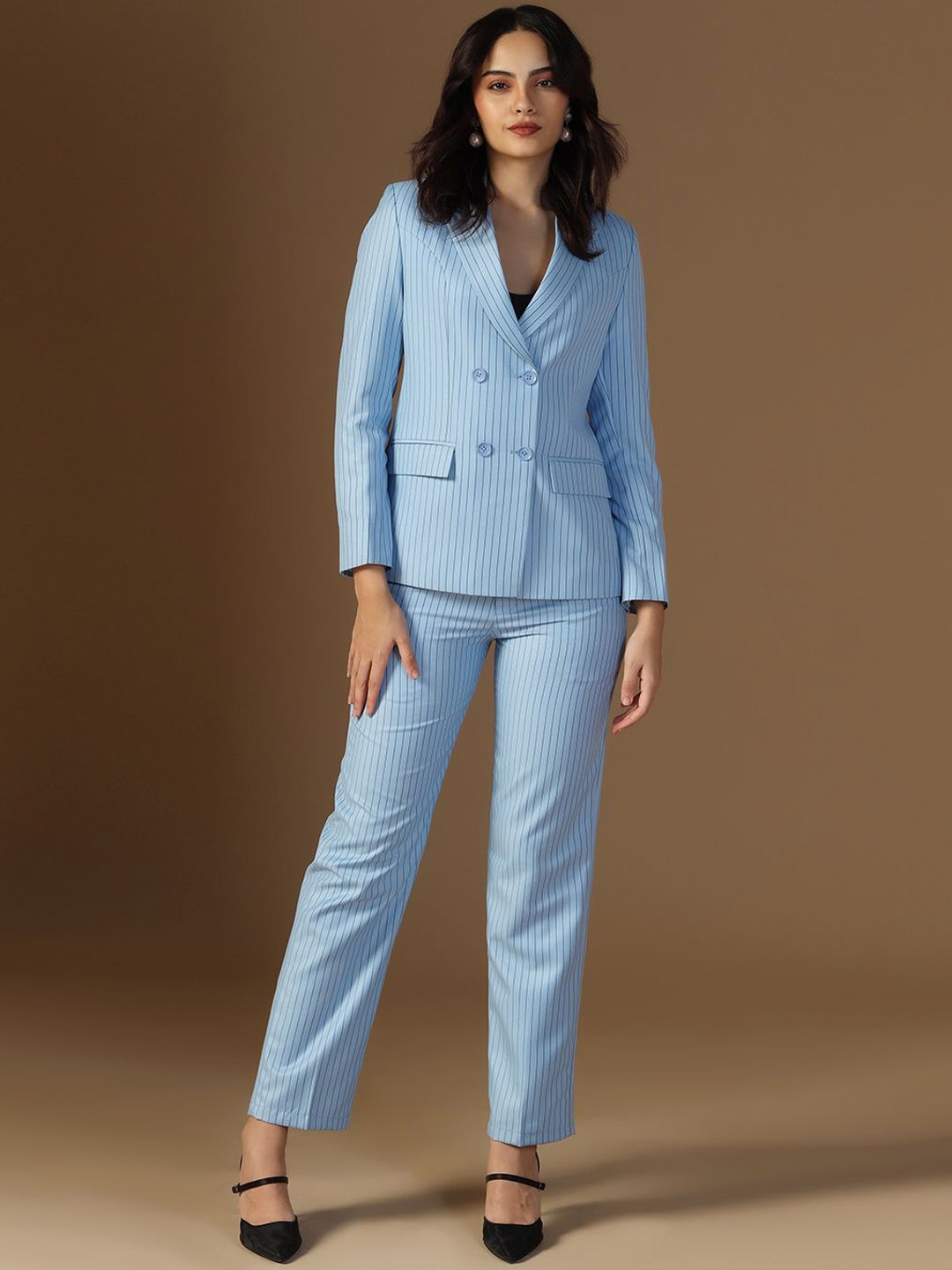 

TAHVO Women Striped Double-Breasted Two-Piece Formal Suit, Blue