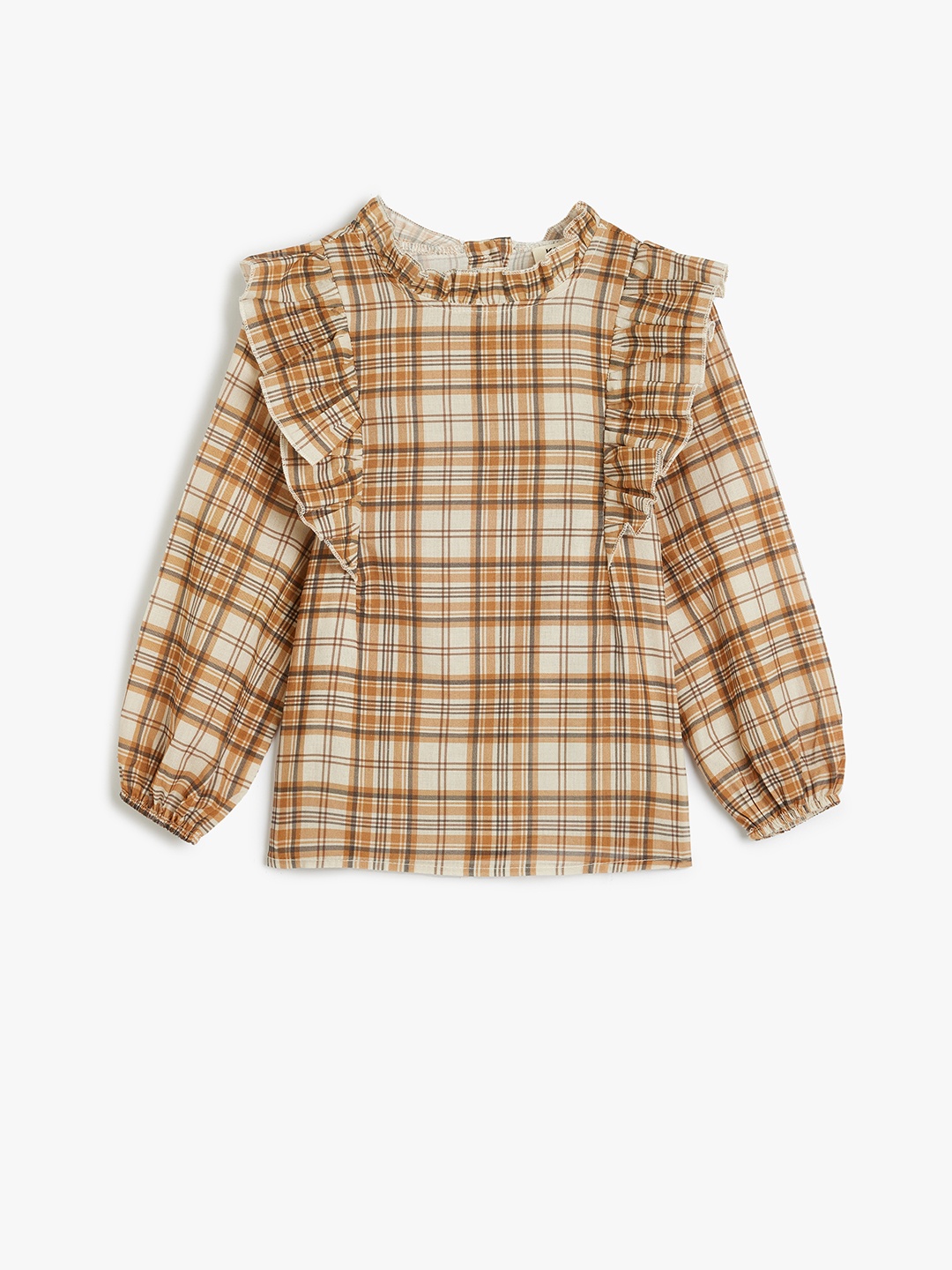 

Koton Girls Round Neck Checked Pure Cotton Top, Brown