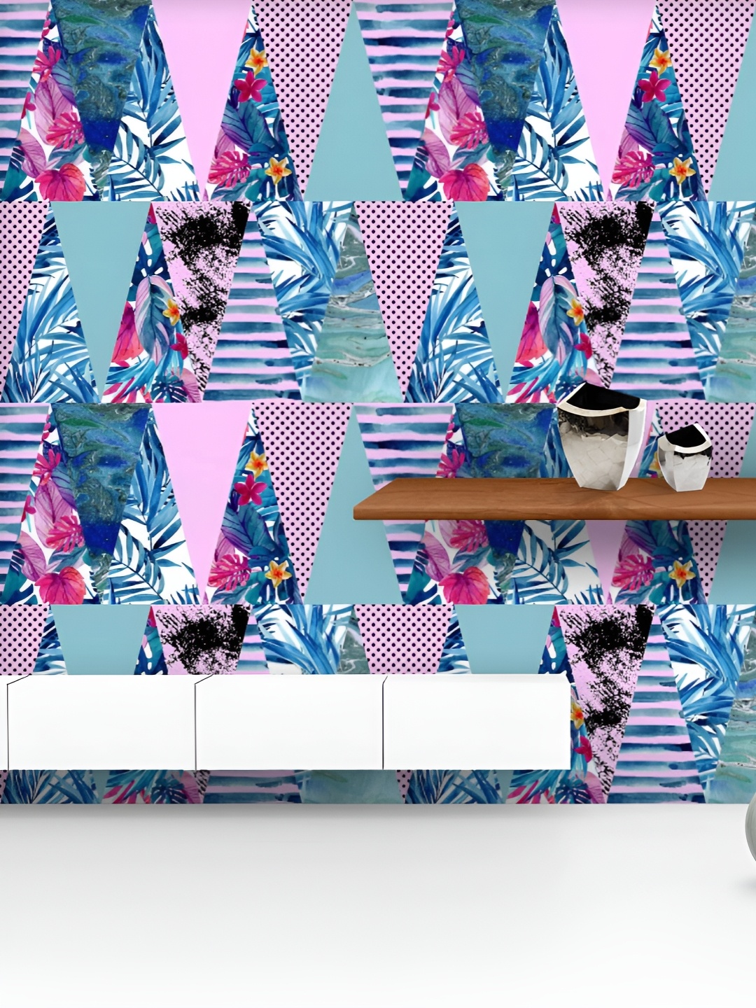 

ArtzFolio Printed UV-Resistant Anti-Bacterial Colorful Tropical Leaves And Triangles Peel & Stick Wallpaper, Multi